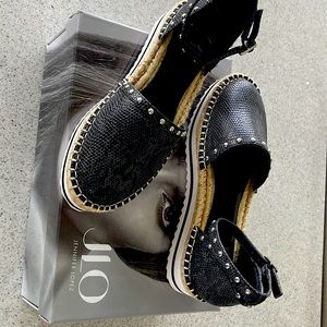 Jennifer Lo Lisly black snake print leather & stud espadrilles
